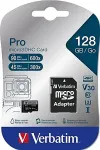 M&auml;lukaart VERBATIM SD MicroSD Card 128GB SDHC Pro Class 10 + Adapter retail
