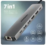 AXAGON HMC-7HX2 USB-C 3.2 Gen 1 hub, 2x USB-A + 1x USB-C, 2x HDMI 4K 60Hz, GLAN, PD 100W, 15cm USB-C cable