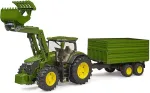 BRUDER John Deere 7R 350 with front loader and tandem axle transport trailer, model vehicle