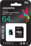 M&auml;lukaart ADT ADATA V30S/micro SDXC/64GB/UHS-I U3 / Class 10/+ Adapter