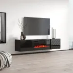 Cama MEBLE RTV LUXE cabinet 182.6x34.5x37.5 black/black gloss + black fireplace
