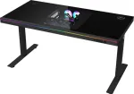 LORGAR Dual-motor sit/stand adjustable-height gaming desk with built-in PC case, wireless charger, RGB lighting, control panel, and USB ports, tempered glass tabletop, black.