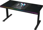 LORGAR Dual-motor sit/stand adjustable-height gaming desk with built-in PC case, wireless charger, RGB lighting, control panel, and USB ports, PB melamine surface tabletop, black.