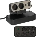 Brennenstuhl estilo Duplex 9-way table power strip, 2x USB, black/silver, 2-meter cable, USB-A, USB-C, with illuminated safety switch