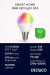 DELTACO SMAR LED bulb T HOME, E14, RGB, WiFi, 4.9W / SH-LE14G45RGB02 / 1902595