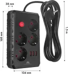Maclean Power strip, MCE392 B, 4 sockters 3xUSB, 110-240V AC 50/60Hz, 2.1A max 2500W, 1,5m black