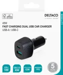 DELTACO USB-autolaadija, 1x USB-A 18 W, 1x USB-C PD 45 W, kokku 63 W
