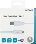 DELTACO USB-C USB-A kaablile, 1m, 3A, USB 2.0, valge