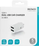 DELTACO Autolaadija USB, 2x USB-A, 2,4 A, kokku 12 W, valge