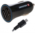 Auto laadija Swissten, Micro USB/2 x USB, must