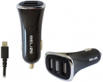 Auto laadija Beline, Apple Lightning/3 x USB, must