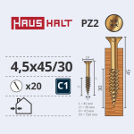 Puidukruvi, universaalsed Haushalt PZ2, 4.5 x 45 mm/30 mm, kollane, 20 tk