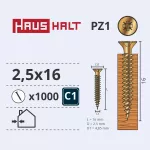 Puidukruvi, universaalsed Haushalt PZ1, 2.5 x 16 mm, kollane v., 1000 tk