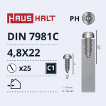 Isekeermestavad kruvid Haushalt DIN7981C, 4.8 mm x 22 mm, 25 tk