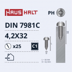 Isekeermestavad kruvid Haushalt DIN7981C, 4.2 mm x 32 mm, 25 tk