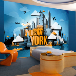 Fototapeet Artgeist Street Art - Yellow New York Text With Skyscraper And Car Motif SNEW010499, 70 cm x 70 cm