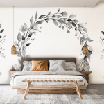 Fototapeet Artgeist Romantic Wreath - Grey Plant Motif With Leaves With Rose Pattern, 280 cm x 280 cm