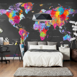 Fototapeet Artgeist World Map - Coloured Continents With Names In English On A Grey Background, 140 cm x 200 cm