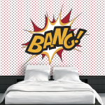 Fototapeet Artgeist Bang! - Modern Motif With Yellow Text On A Background Of Red Dots XLNEW011381, 175 cm x 250 cm