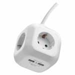 Pikendusjuhe, 3 x 1,5 mm&sup2;, 1.9 m, 4 pesa, 2USB, valge v.