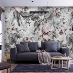 Fototapeet Artgeist Nature In Retro Style - Landscape With Leaves And Flowers In Grey Tones, 175 cm x 250 cm