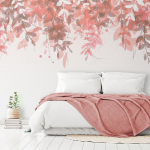 Fototapeet Artgeist Under Vegetation - Hanging Vines Of Pink Leaves On A Neutral Background, 140 cm x 200 cm