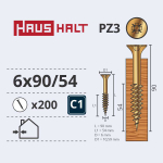 Puidukruvi, universaalsed Haushalt PZ3, 6 x 90 mm, kollane v., 200 tk