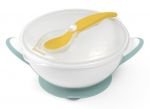Kauss BabyOno Baby Suction Bowl With Spoon, 300 ml, 6+ kuud, 13 cm, plastik/silikoon, kollane v./roheline v.