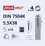 Isekeermestavad kruvid Haushalt DIN 7504K, 5.5 mm x 38 mm, 15 tk