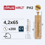 Puidukruvi, osb plaatidele Haushalt PH, 4.2 x 65 mm, kollane v., 200 tk