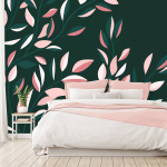 Fototapeet Artgeist Flowering Vine - Minimalist Climbing Leaves On A Green Background, 175 cm x 250 cm