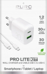 Telefoni laadija Puro Pro Lite Kit, USB Type C/USB Type A, valge v., 30 W