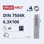 Isekeermestavad kruvid Haushalt, 6.3 mm x 100 mm, 5 tk