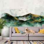 Fototapeet Artgeist Abstract landscape - green mountains with golden patterns and birds, 70 cm x 100 cm