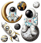 Seinakleebis, planeedid Home Decor, kuldne v./valge v./hall v.