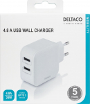 Telefoni laadija Deltaco USB-AC175, 2 x USB Type A, valge v., 24 W