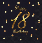 Pabersalvr&auml;tikud GoDan Happy 18 Birthday, 33 cm x 33 cm, kuldne v./must v., 20 tk