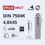 Isekeermestavad kruvid Haushalt DIN 7504K, 4.8 mm x 45 mm, 250 tk