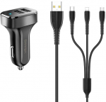 Auto laadija Usams NTU35YTSC13TZ, USB Type C/Lightning/Micro USB, must
