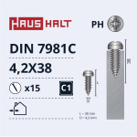 Isekeermestavad kruvid Haushalt DIN 7981C, 4.2 mm x 38 mm, 15 tk