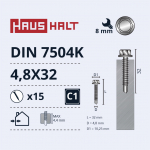 Isekeermestavad kruvid Haushalt DIN 7504K, 4.8 mm x 32 mm, 15 tk