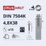 Isekeermestavad kruvid Haushalt DIN 7504K, 4.8 mm x 38 mm, 15 tk