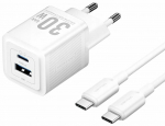 Telefoni laadija Vention GaN TZ-FEQW0-EU, USB Type C/USB Type A, valge v., 30 W