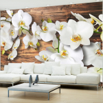 Fototapeet Artgeist Forest Orchid - Natural White Flowers On A Background Of Old Dark Wood LNEW010222, 140 cm x 200 cm